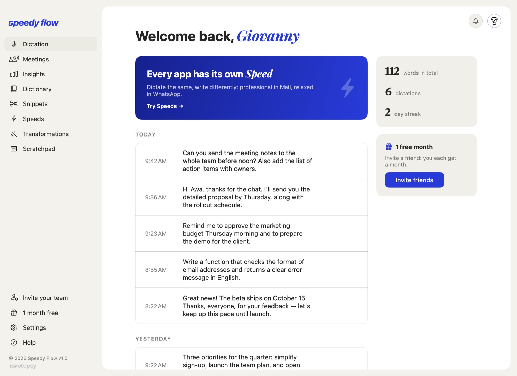 The Speedy Flow home screen: today's dictation history and stats