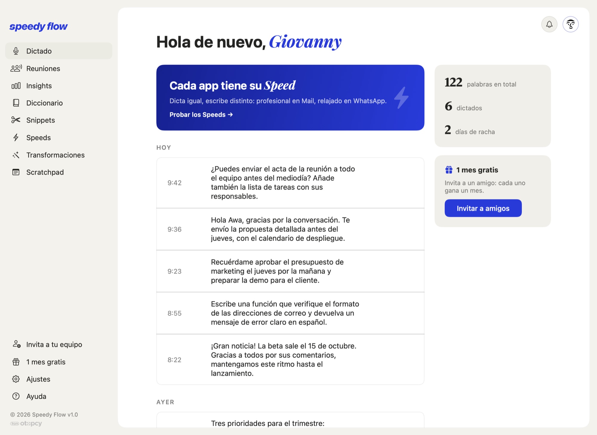 La pantalla de inicio de Speedy Flow en Mac: historial de dictados del día y estadísticas